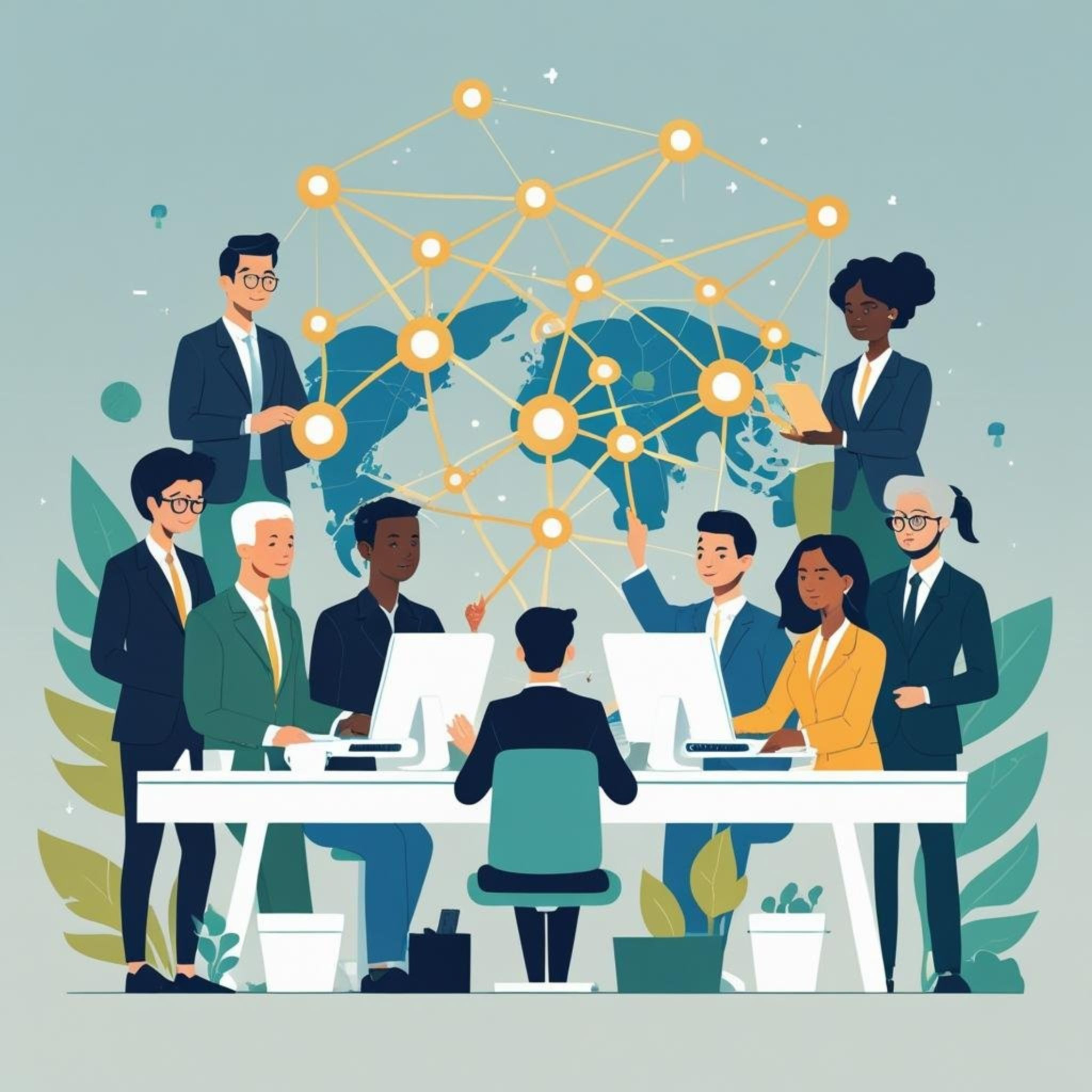 Cartoon illustration of a diverse team connected across a world map symbolizing remote collaboration and virtual support