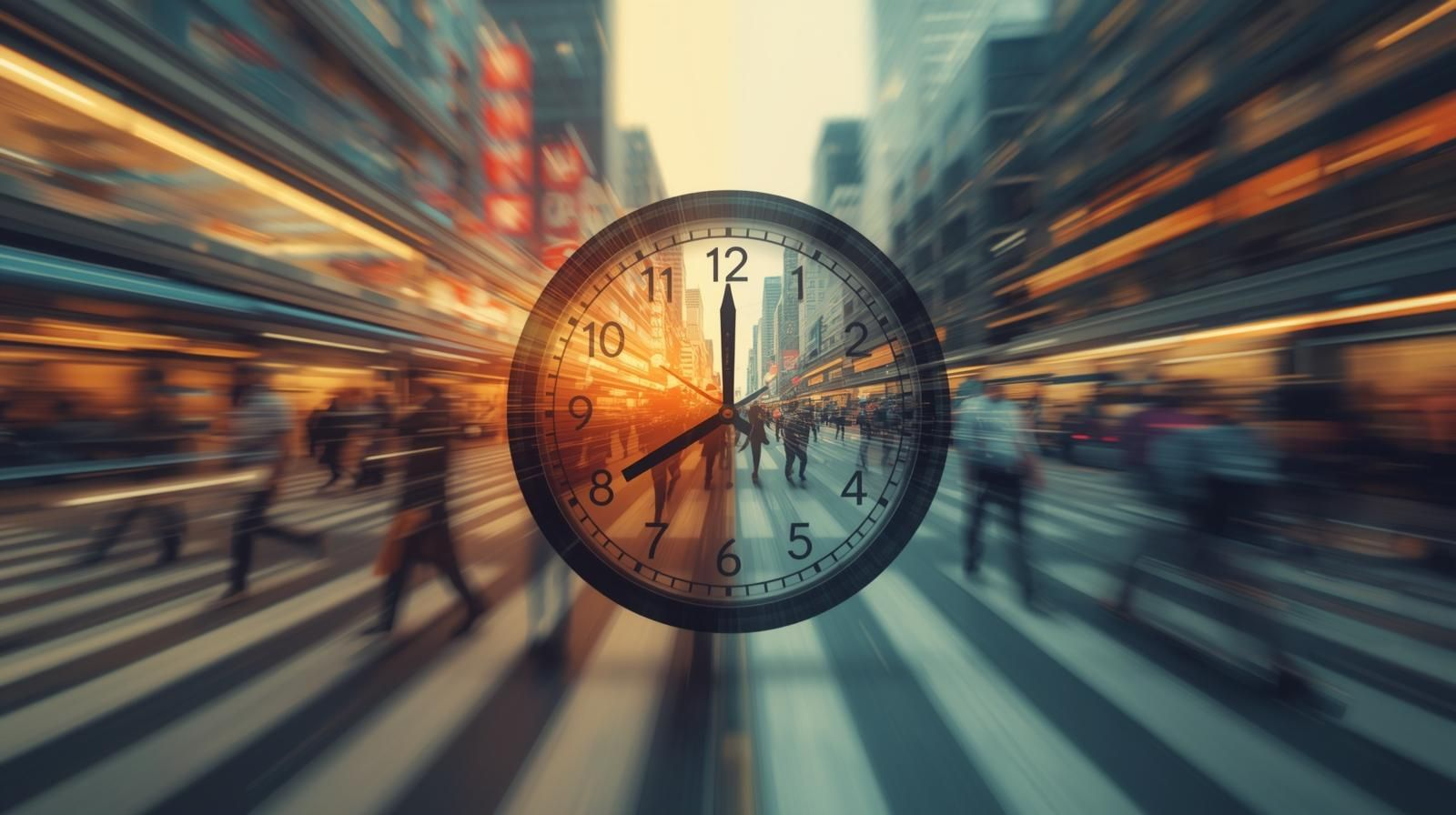 Stylized surrealist clock moving rapidly against a blurred business district background, symbolizing the urgency of time in business.