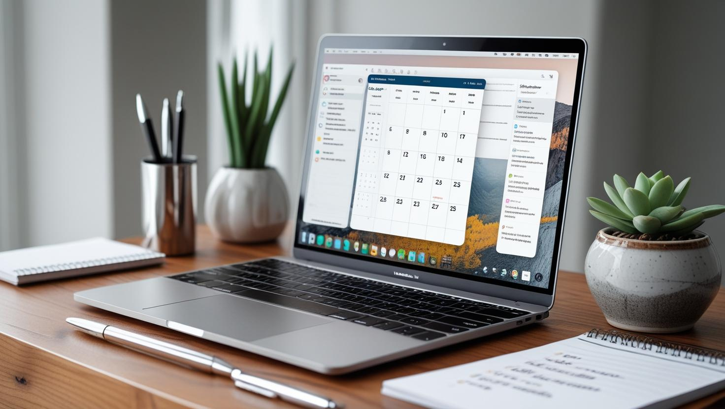 Powered-on laptop on a clean desk representing the use of virtual assistants in modern business.