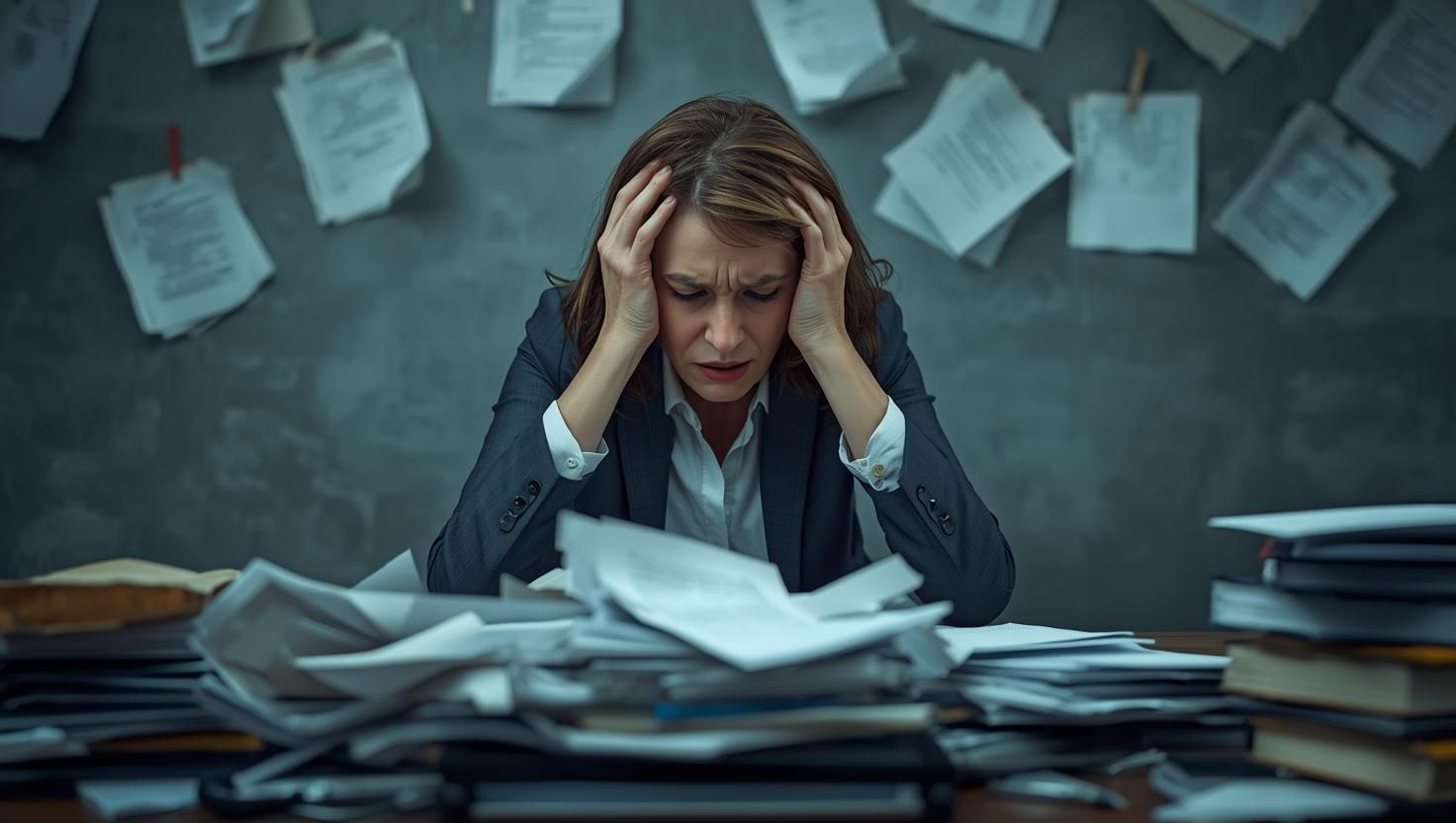 Overwhelmed businesswoman stressed with paperwork, symbolizing the need to hire a virtual assistant.