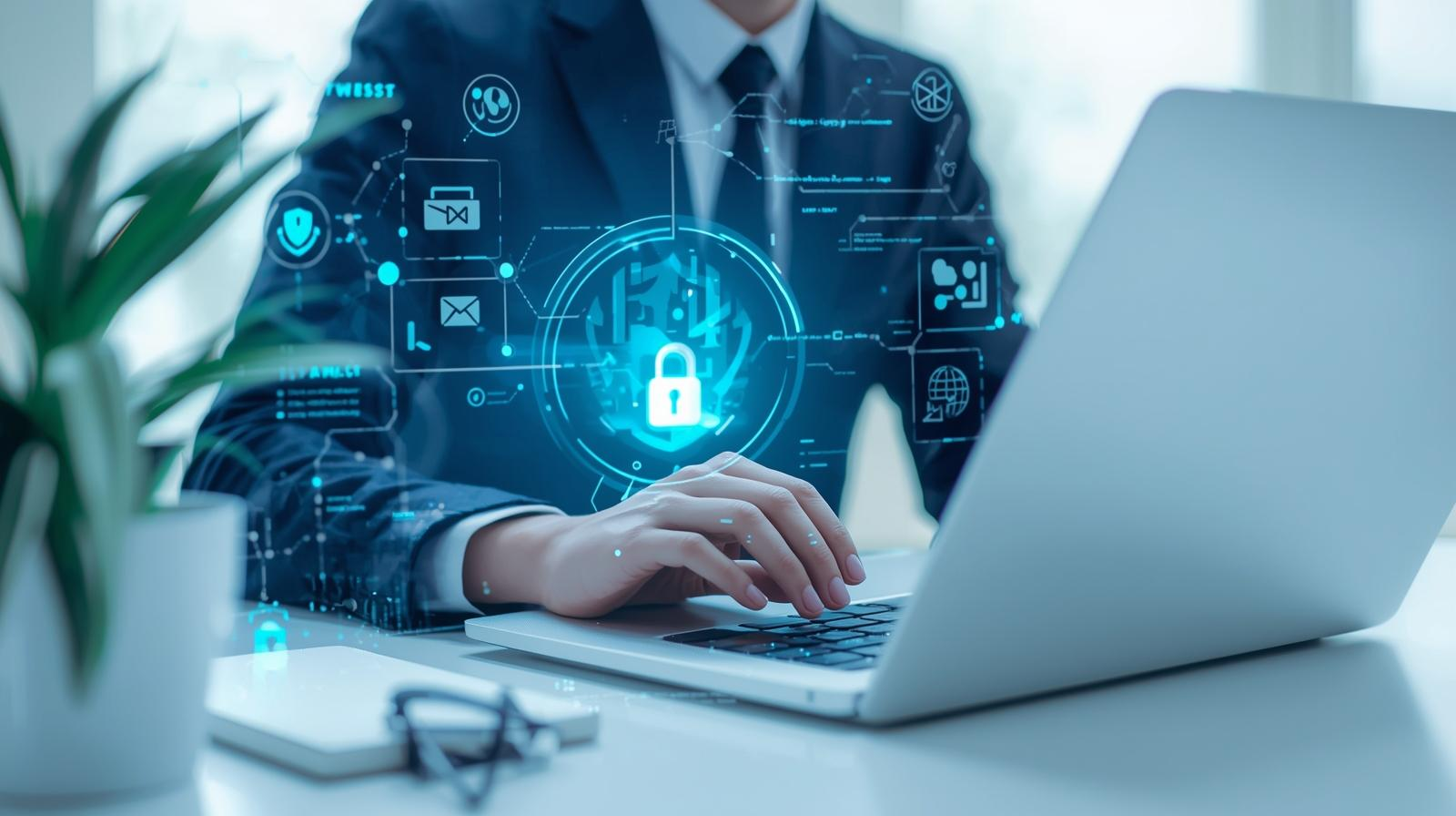 Business professional working on a laptop with cybersecurity icons and a digital lock symbol, representing secure remote support and data protection.